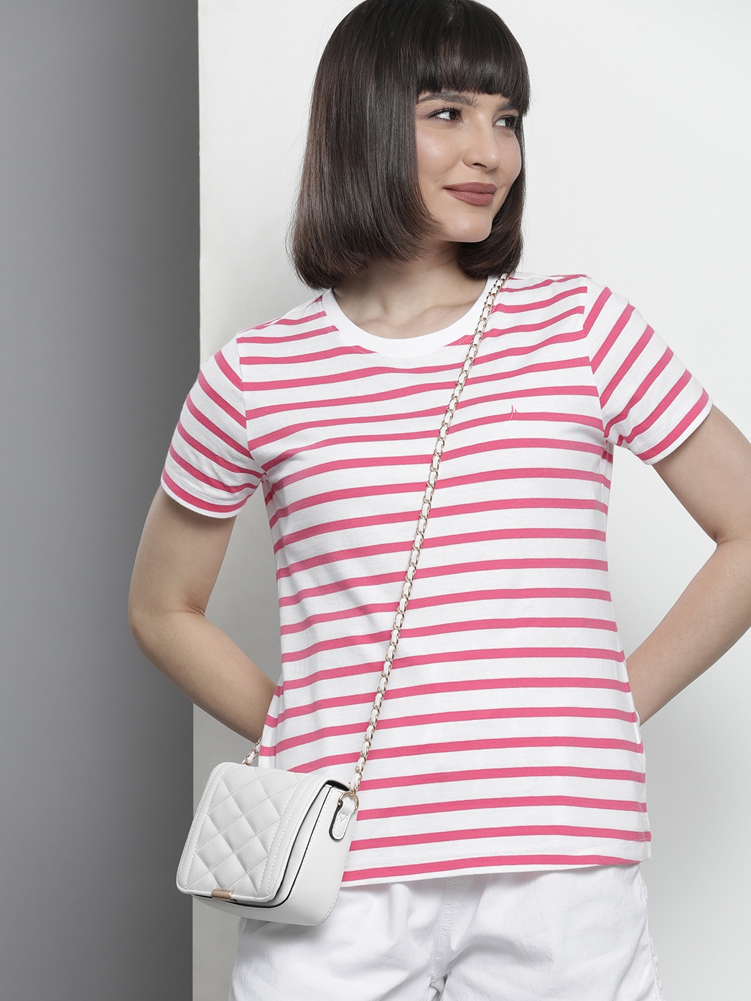 

Nautica Women Pink & White Striped Pure Cotton T-shirt
