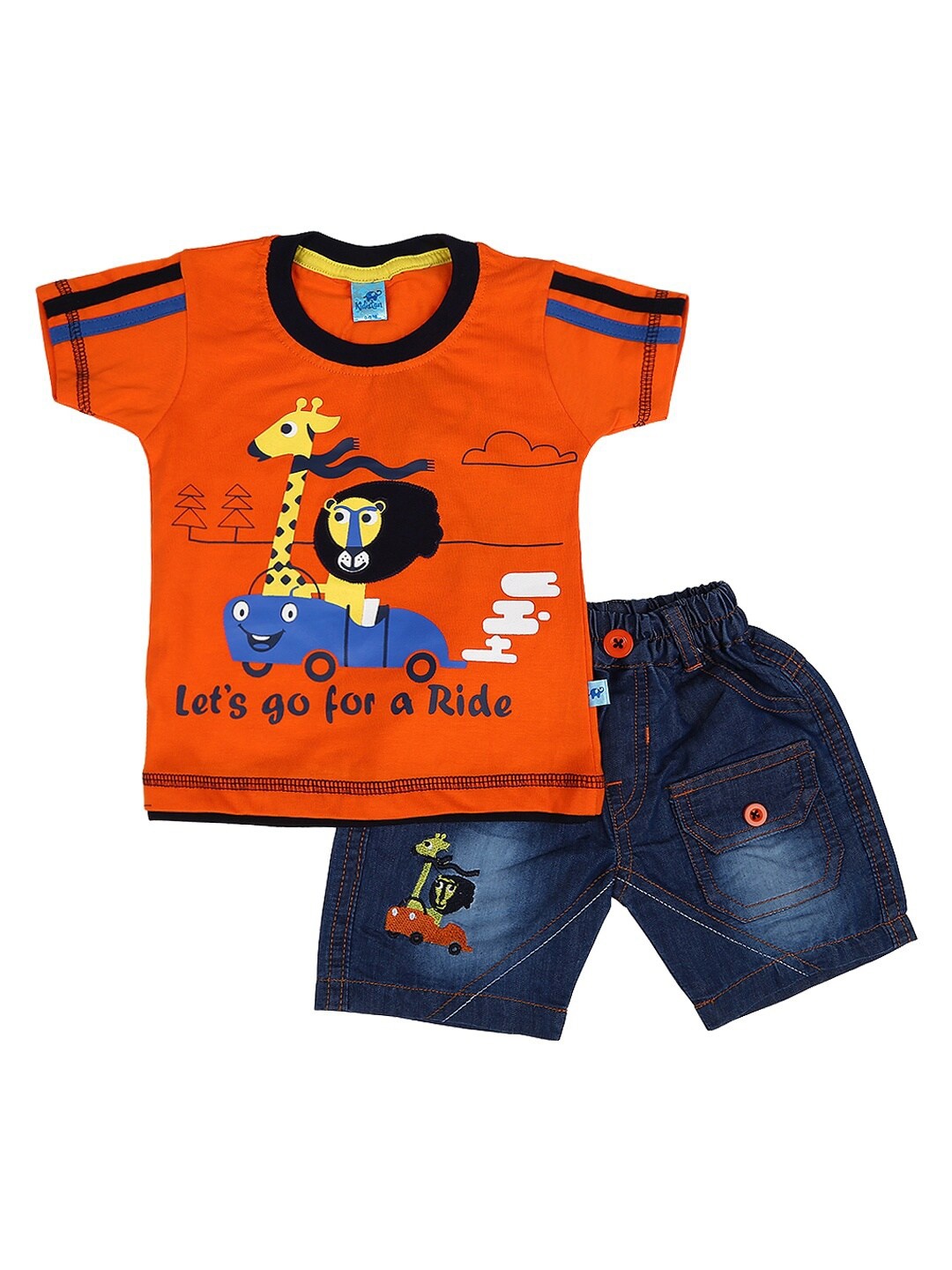 

V-Mart Unisex Kids Orange & Blue Printed T-shirt with Shorts