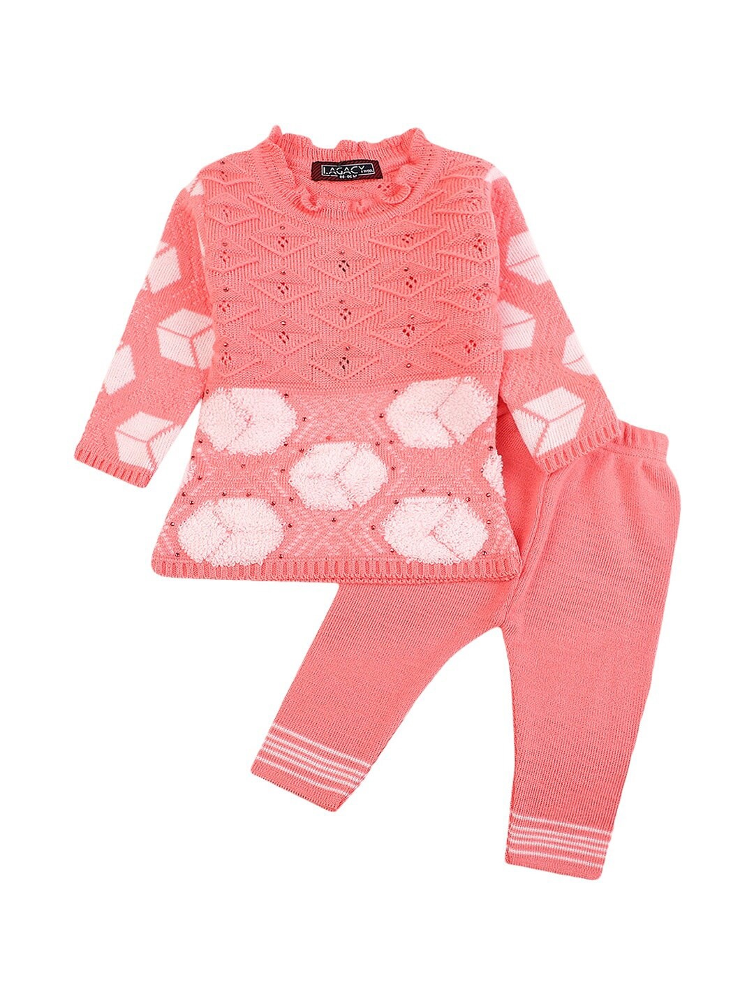 

V-Mart Unisex Kids Peach-Coloured & White Round Neck Self Design Top with Trousers