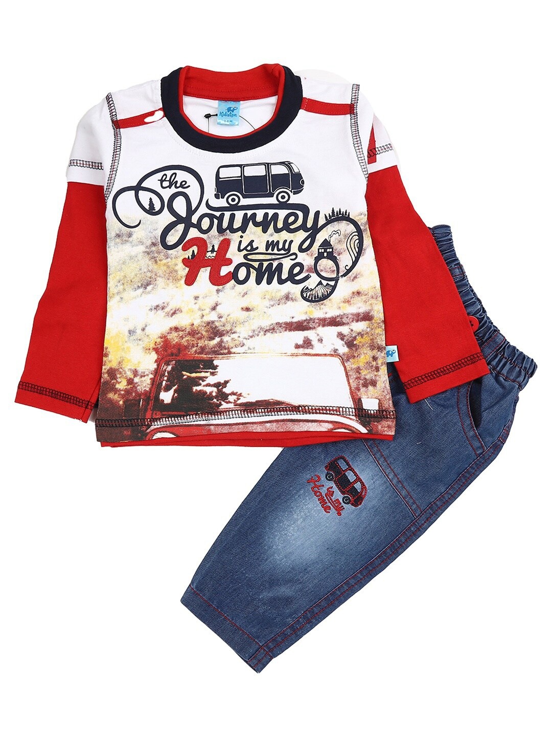 

V-Mart Kids White & Red Printed T-shirt with Denim Trousers