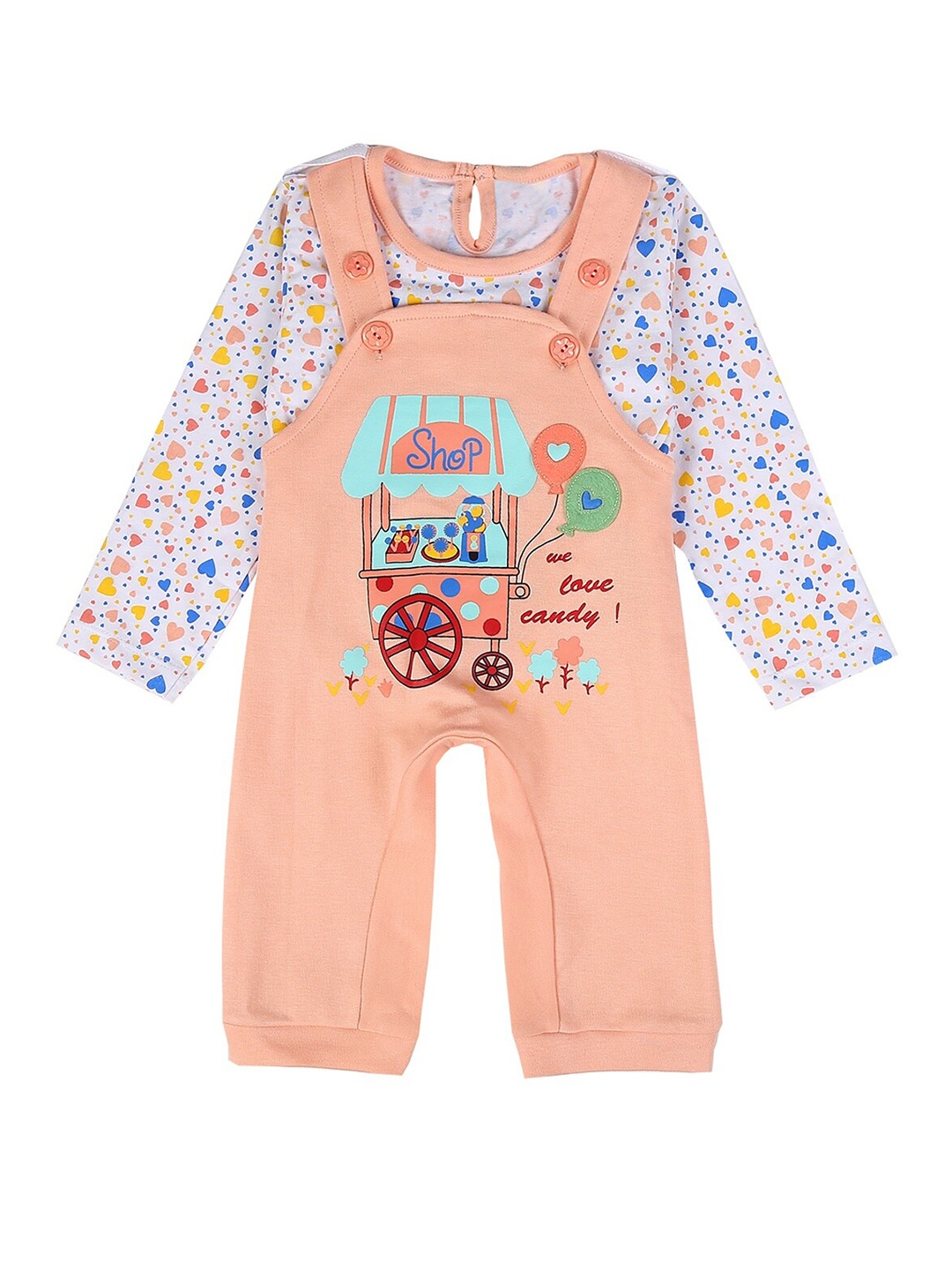 

V-Mart Unisex Kids Peach-Coloured & White Printed T-shirt with Shorts