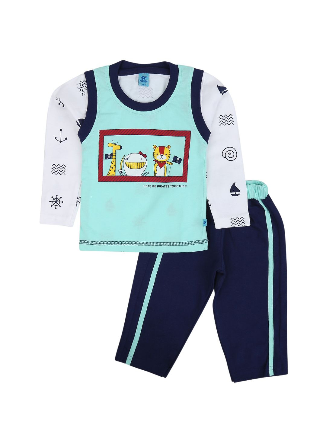 

V-Mart Kids Printed Pure Cotton T-shirt with Pyjamas, Blue