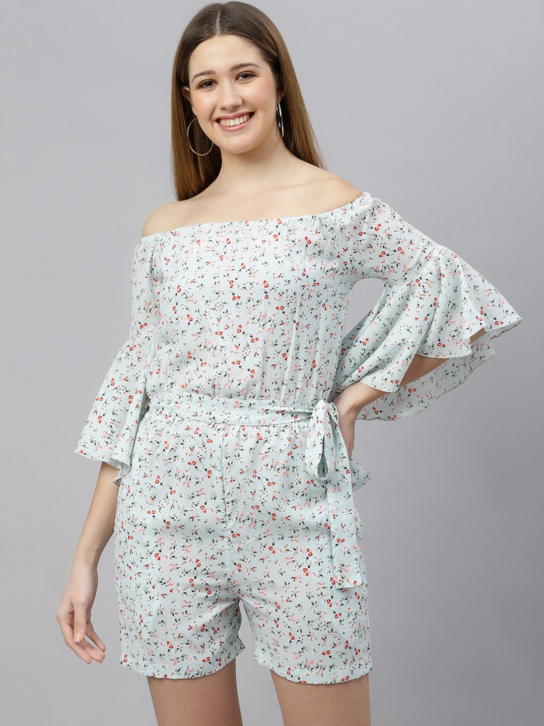 

FLAMBOYANT Green Floral Off-Shoulder A-Line Dress