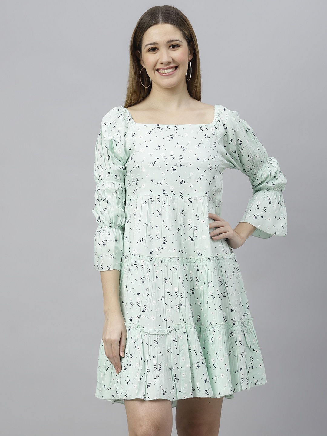 

FLAMBOYANT Green Floral Bell Sleeves A-Line Dress