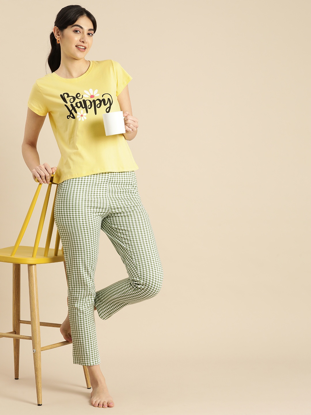 

Dreamz by Pantaloons Women Yellow & Green Printed Pure Cotton Night suit