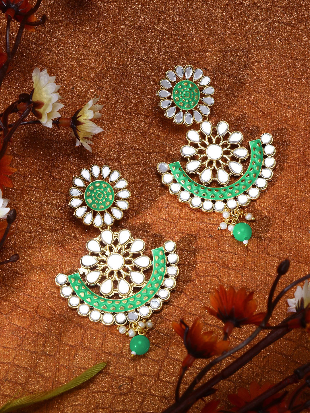 

LIVE EVIL Green Gold-Plated Contemporary Chandbalis Earrings