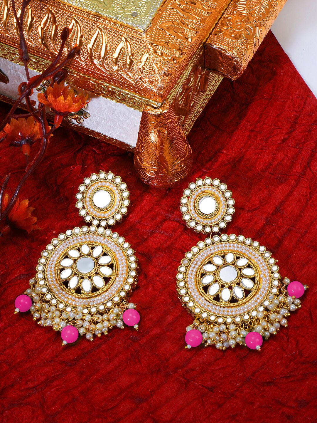 

LIVE EVIL Pink & Gold-Plated Mirror Work Circular Drop Earrings