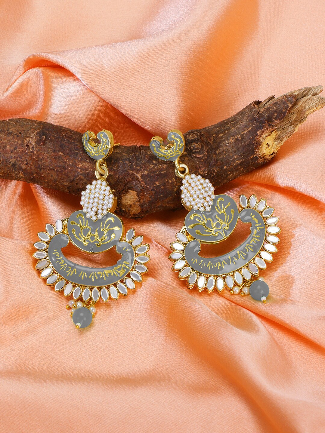 

LIVE EVIL Grey & White Gold-Plated Contemporary Mirror Work Chandbalis Earrings