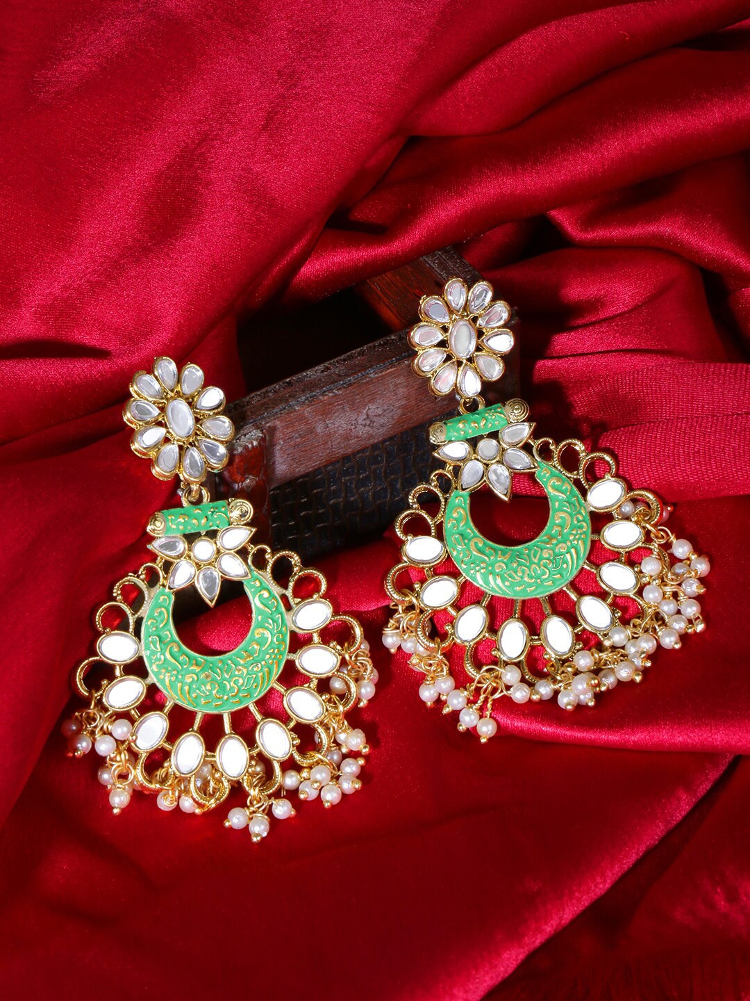 

LIVE EVIL Green & White Gold-Plated Contemporary Mirror Work Chandbalis Earrings