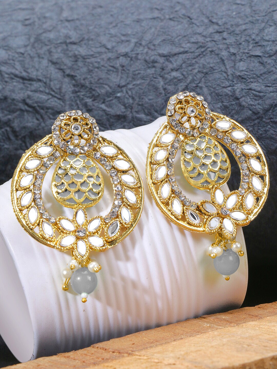 

LIVE EVIL Grey & Gold-Plated Mirror Work Circular Drop Earrings