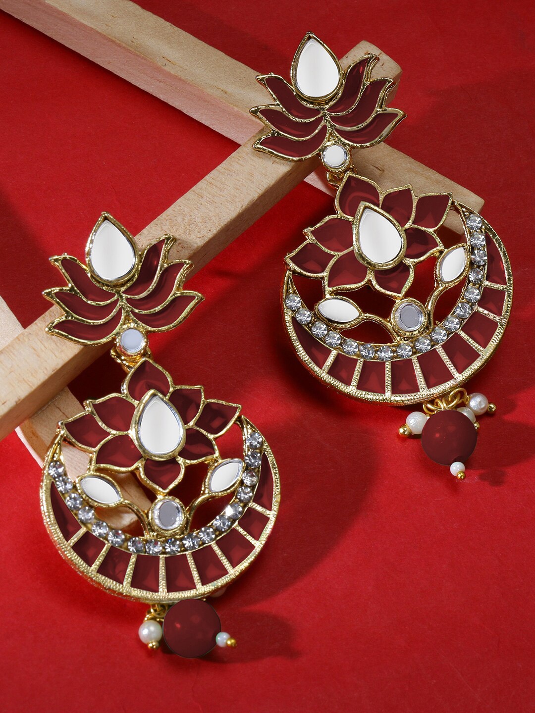 

LIVE EVIL Maroon & Gold-Toned Contemporary Chandbalis Earrings