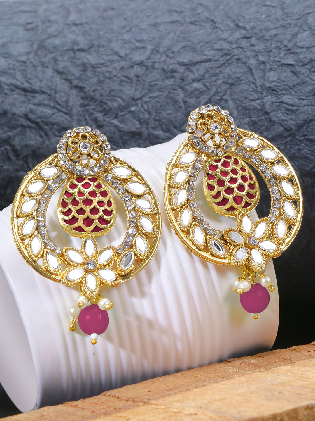 

LIVE EVIL Gold-Plated Pink Contemporary Chandbalis Earrings