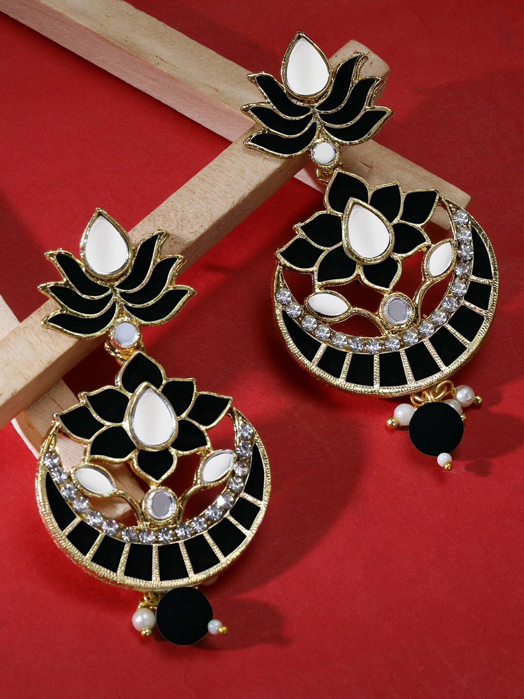 

LIVE EVIL Black & Gold-Plated Mirror Work Crescent Shaped Chandbalis Earrings