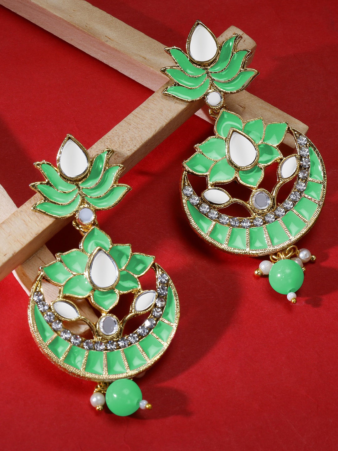 

LIVE EVIL Green Circular Gold Plated Chandbalis Earrings