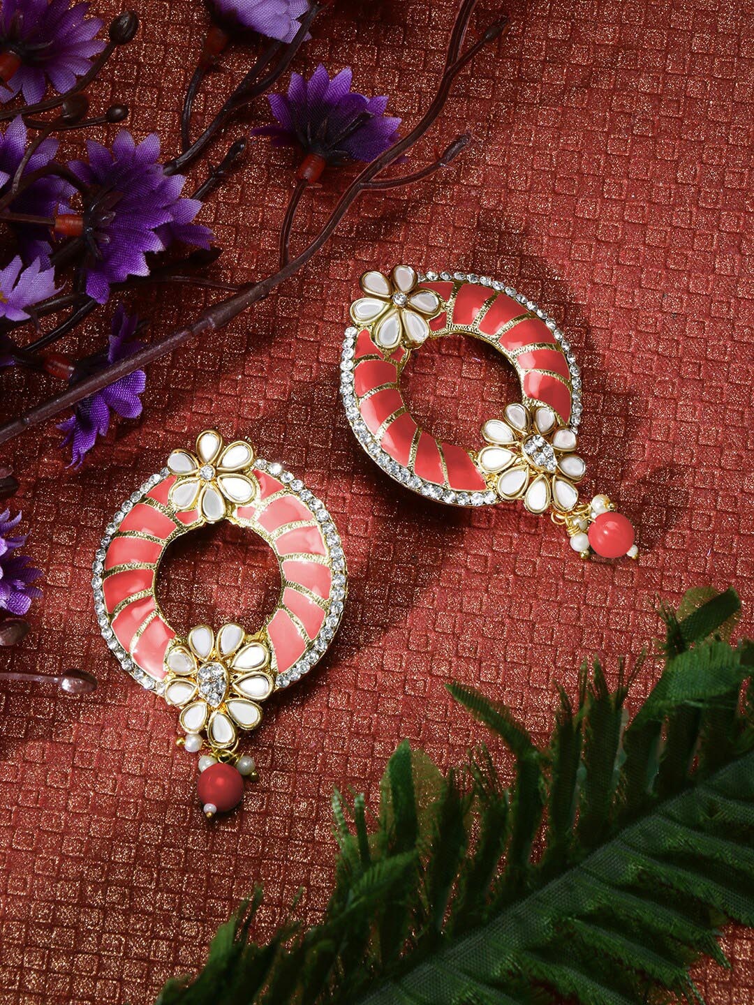 

LIVE EVIL Peach-Coloured & Gold-Plated Mirror Work Circular Drop Earrings