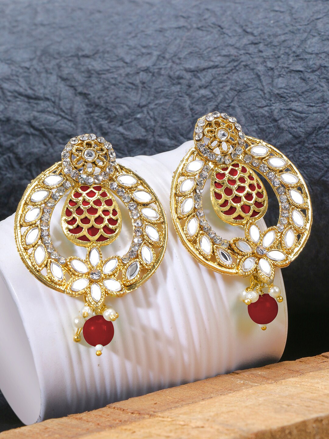 

LIVE EVIL Gold-Plated Maroon Contemporary Chandbalis Earrings
