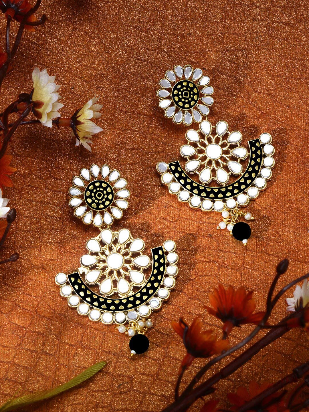 

LIVE EVIL Gold-Plated Black Contemporary Chandbalis Earrings