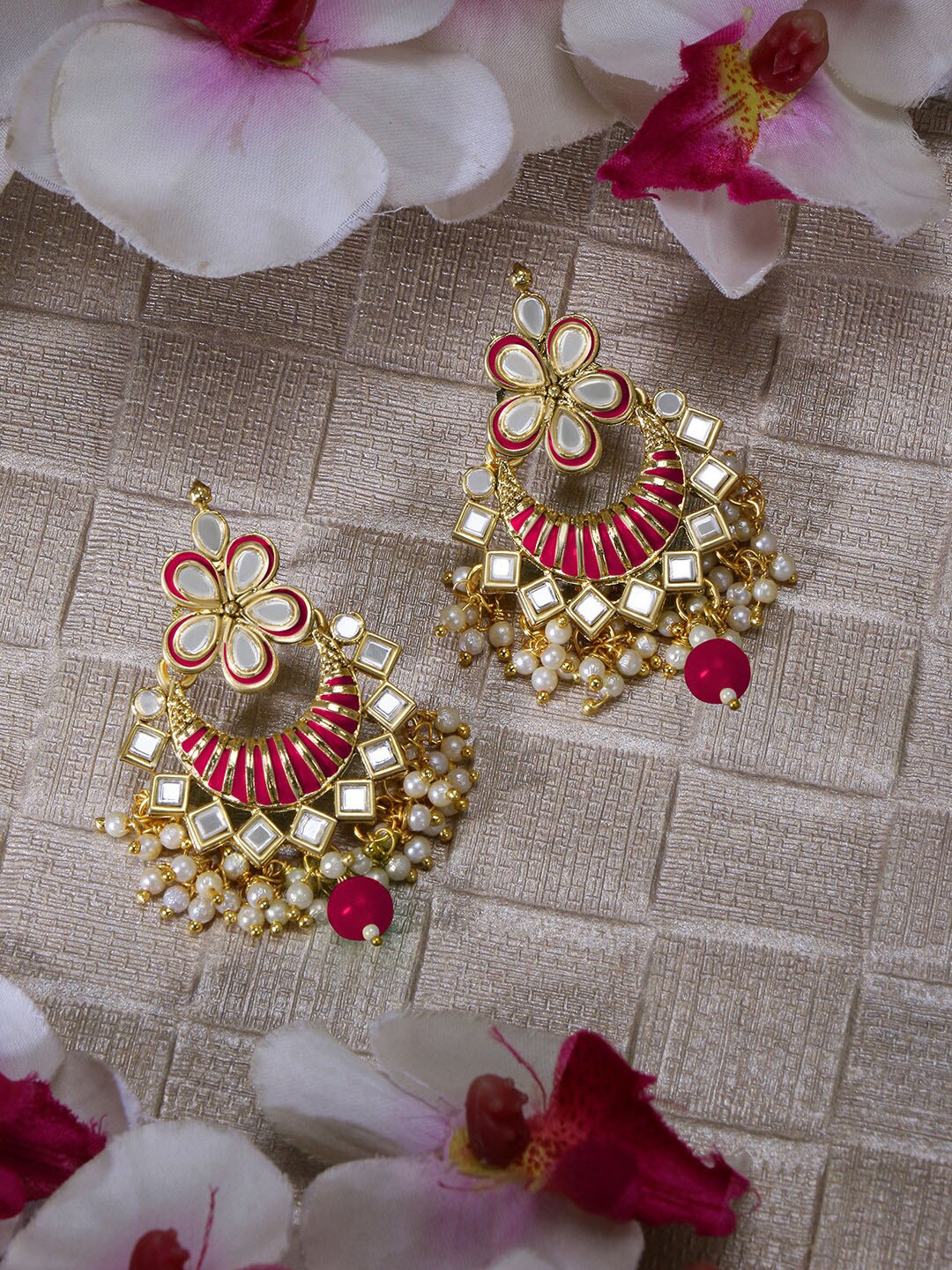 

LIVE EVIL Pink & Gold-Plated Mirror Work Crescent Shaped Chandbalis Earrings