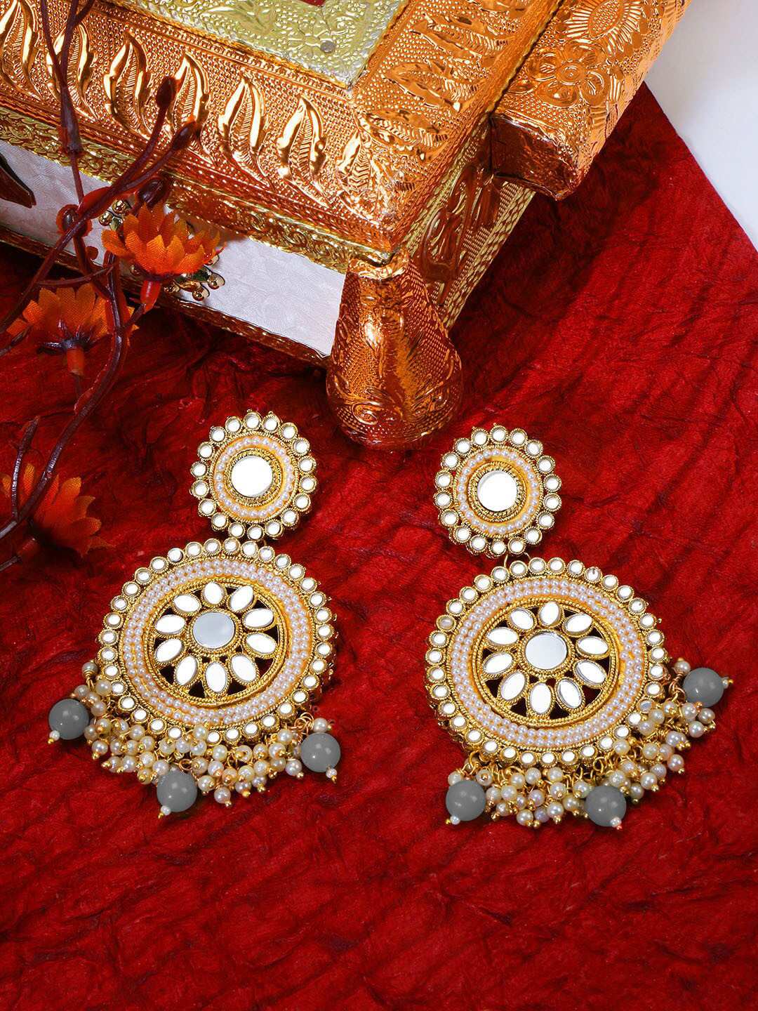 

LIVE EVIL Gold-Plated Grey Classic Chandbalis Earrings