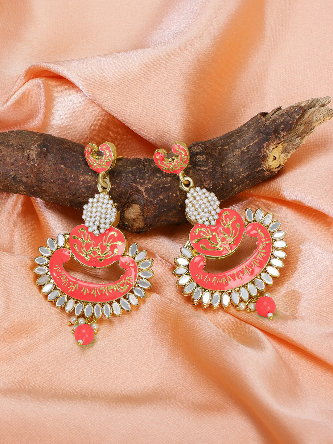 

LIVE EVIL Peach-Coloured & White Gold Plated Classic Chandbalis Earrings