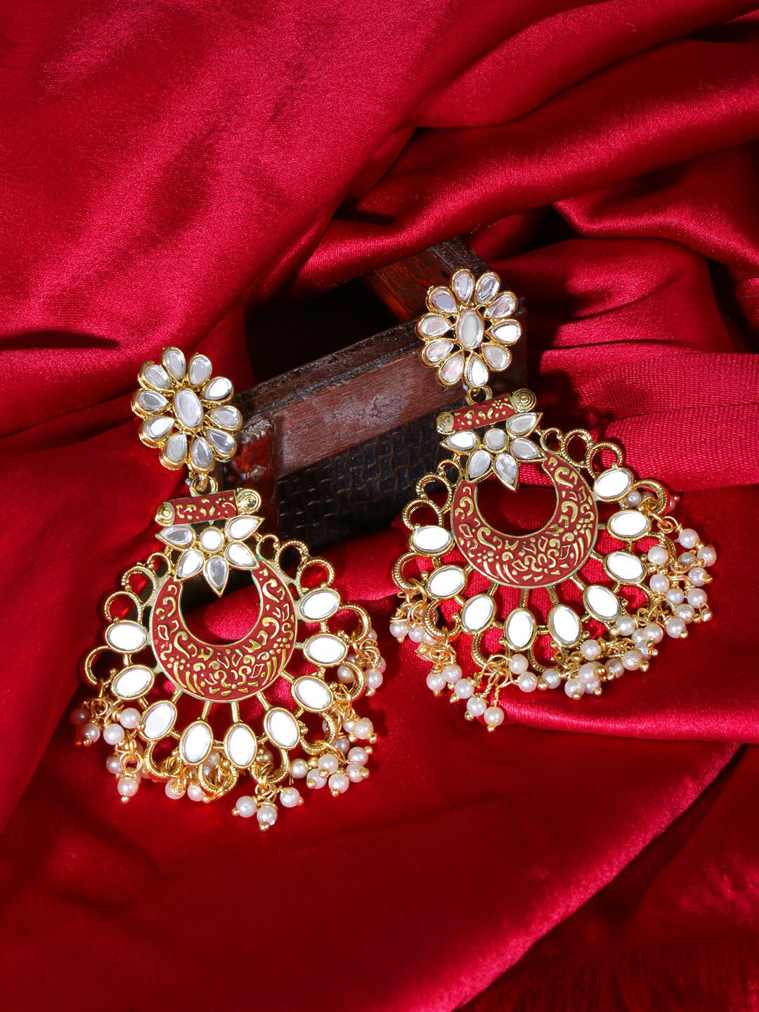 

LIVE EVIL Maroon & Gold-Plated Mirror Work Crescent Shaped Chandbalis Earrings