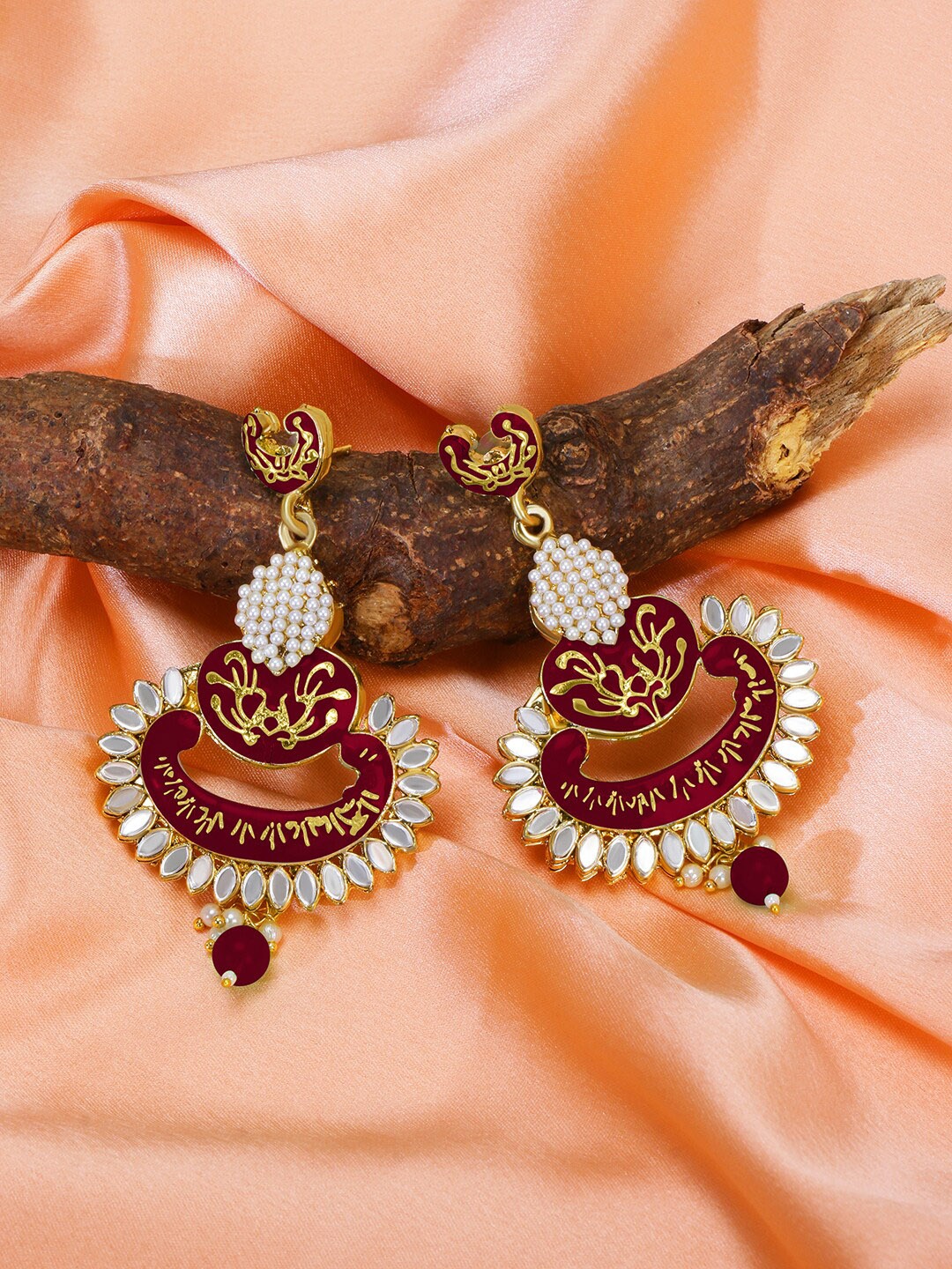 

LIVE EVIL Maroon Gold-Plated Contemporary Drop Earrings