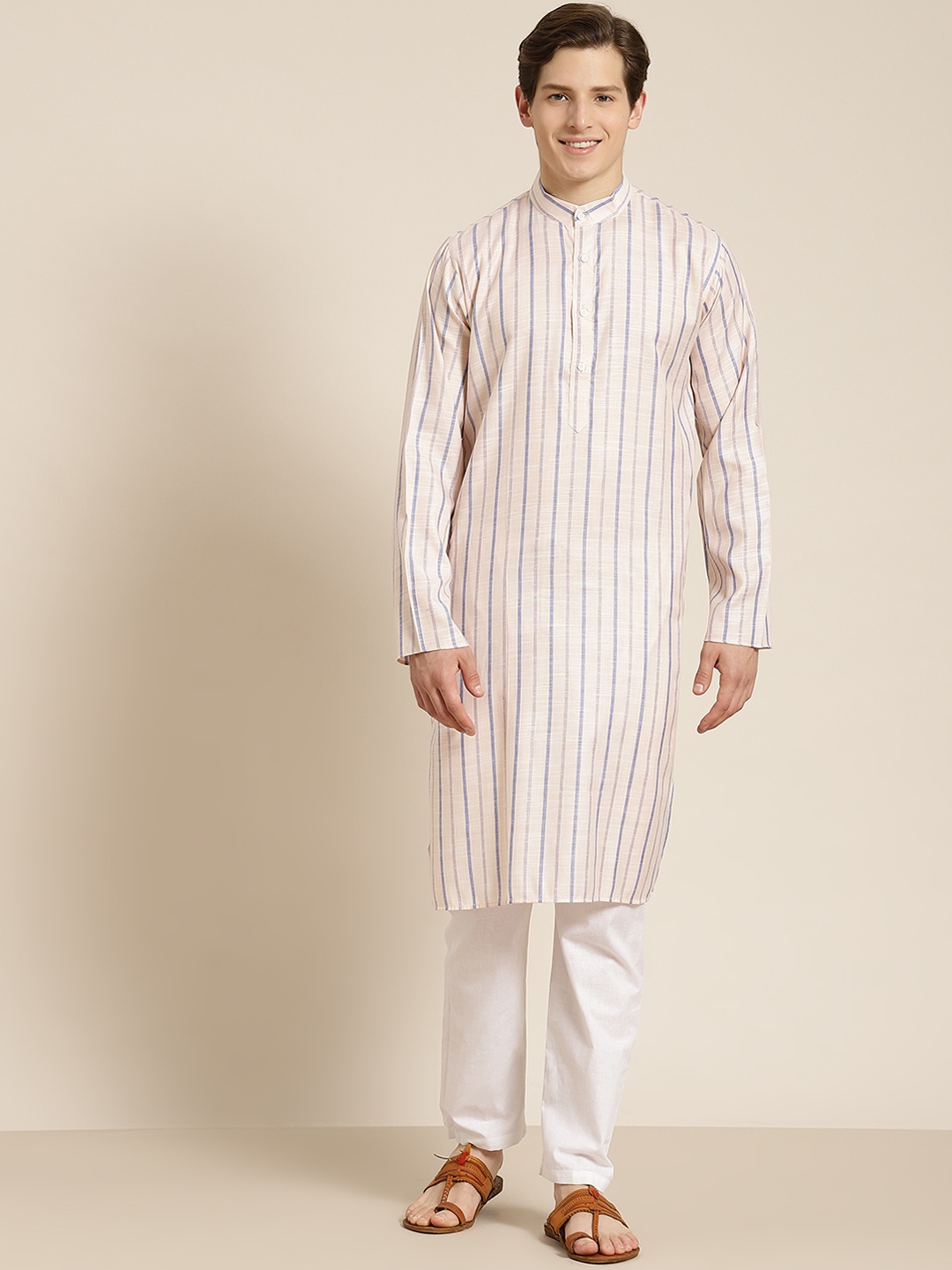 

SOJANYA Men Peach-Coloured & Blue Pure Cotton Striped Kurta