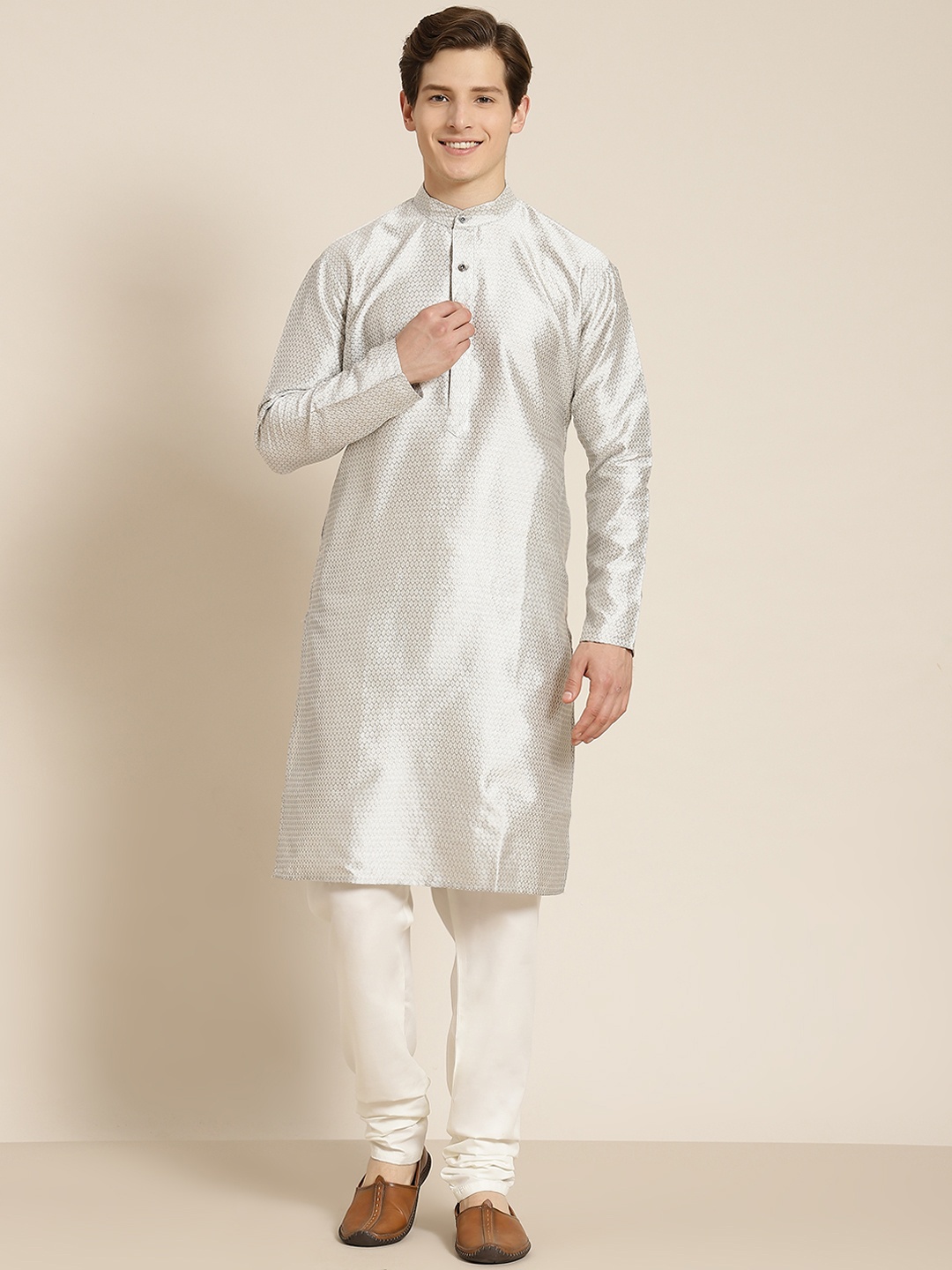 

SOJANYA Men Grey Self Design Kurta with Churidar