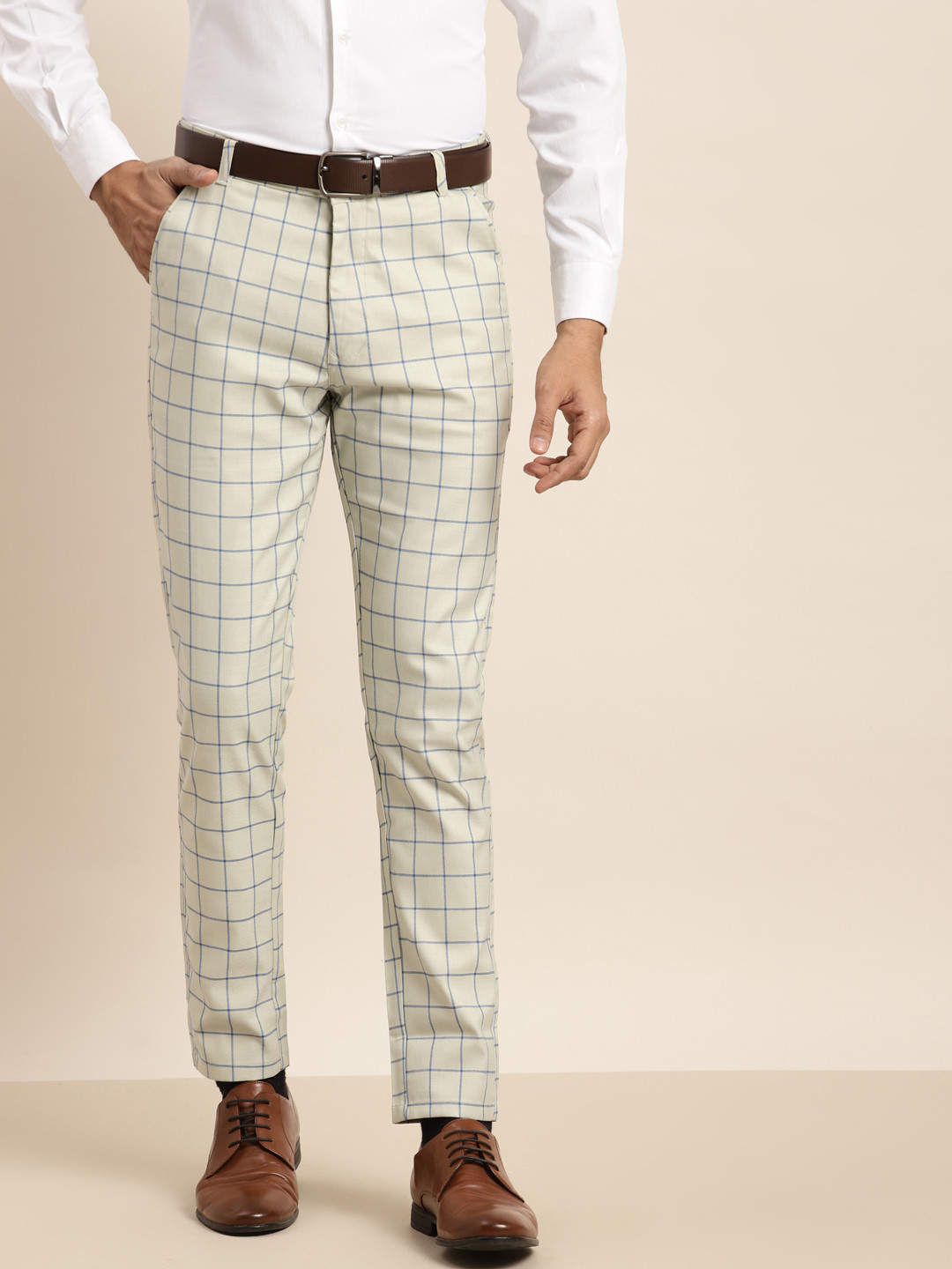 

SOJANYA Men Green & Blue Checked Smart Fit Trousers