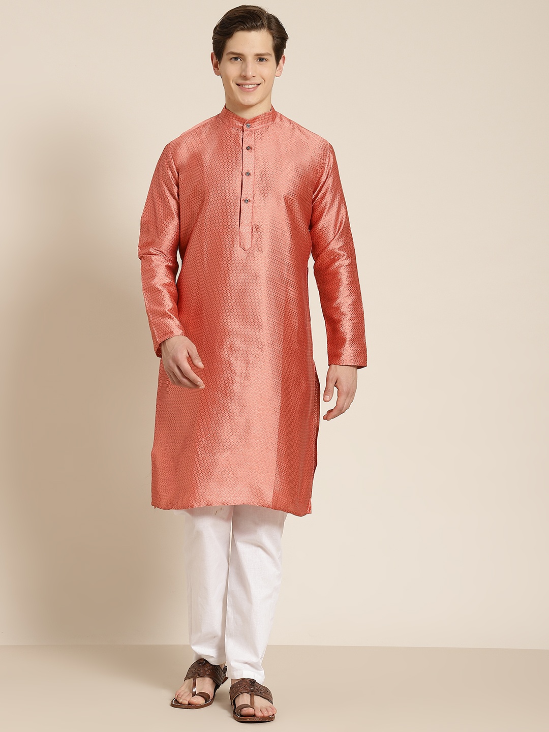 

SOJANYA Men Peach-Coloured Self Design Kurta