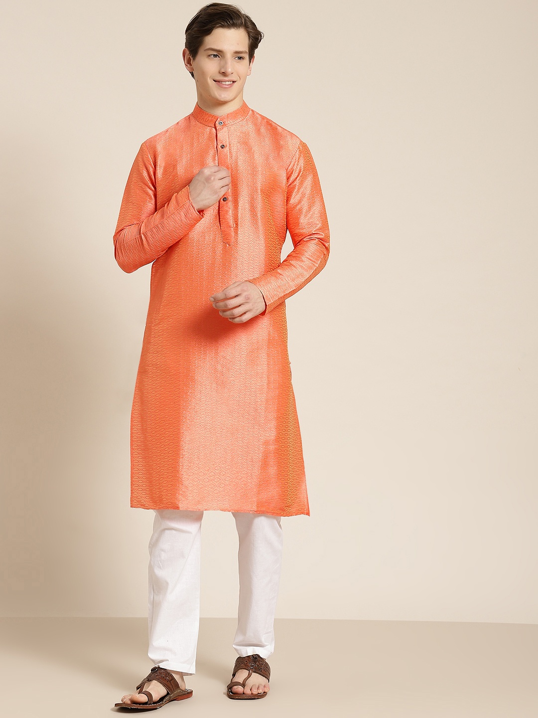 

SOJANYA Men Orange Self Design Kurta