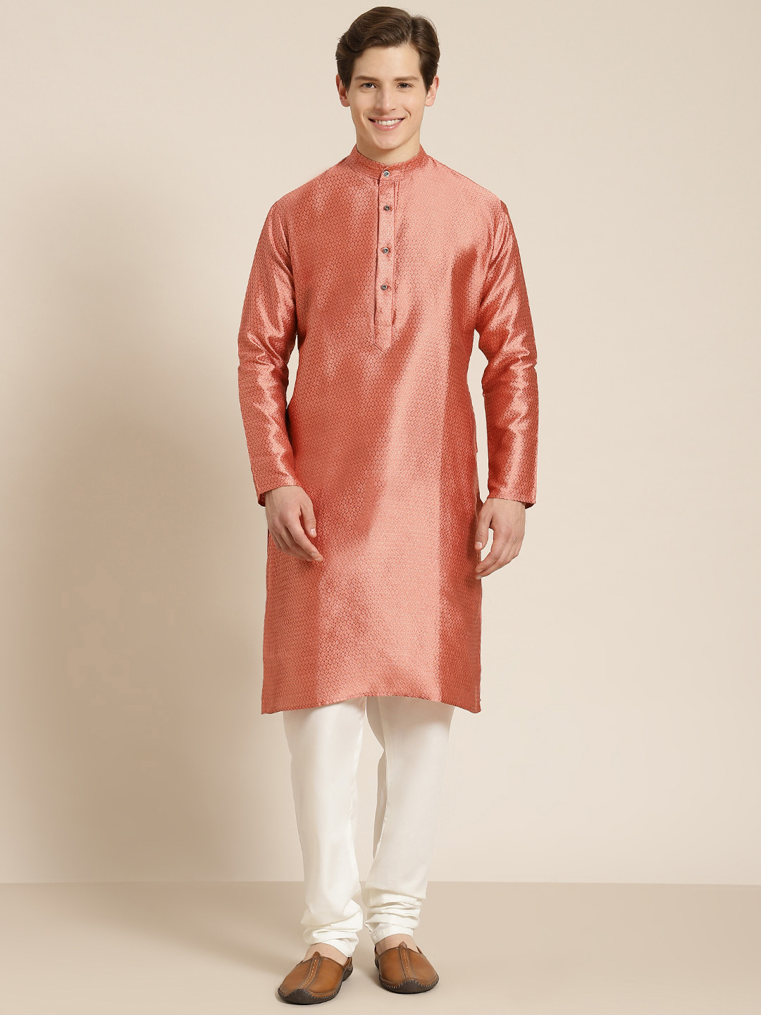 

SOJANYA Men Peach-Coloured Self Design Kurta with Churidar