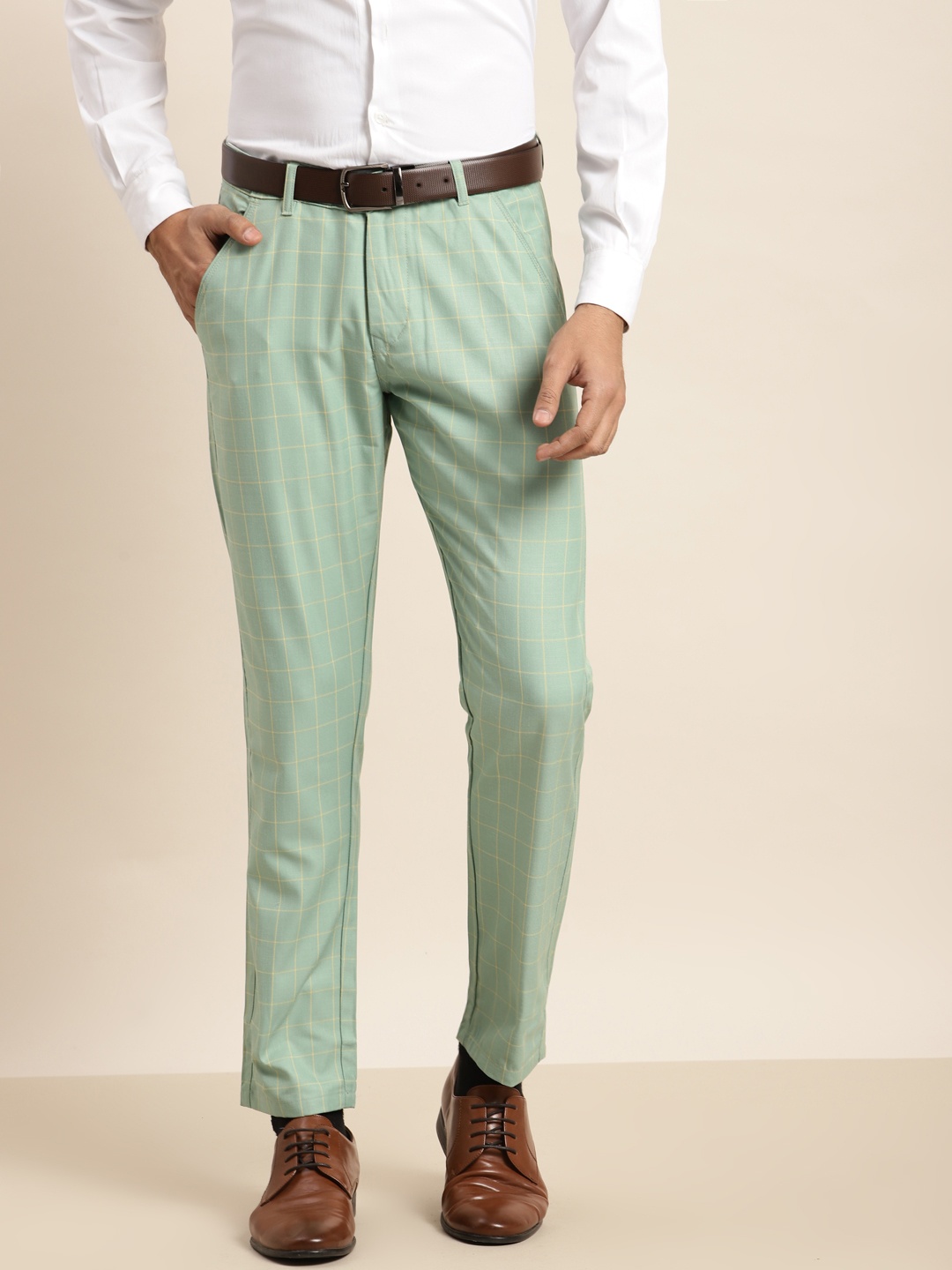 

SOJANYA Men Sea Green & Yellow Checked Smart Fit Trousers