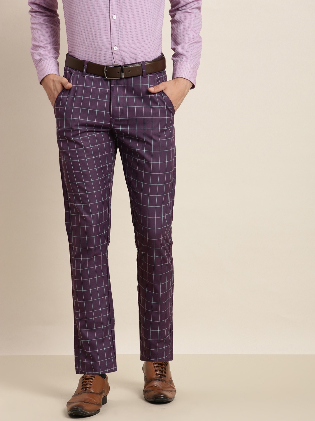 

SOJANYA Men Purple Checked Smart Formal Trousers