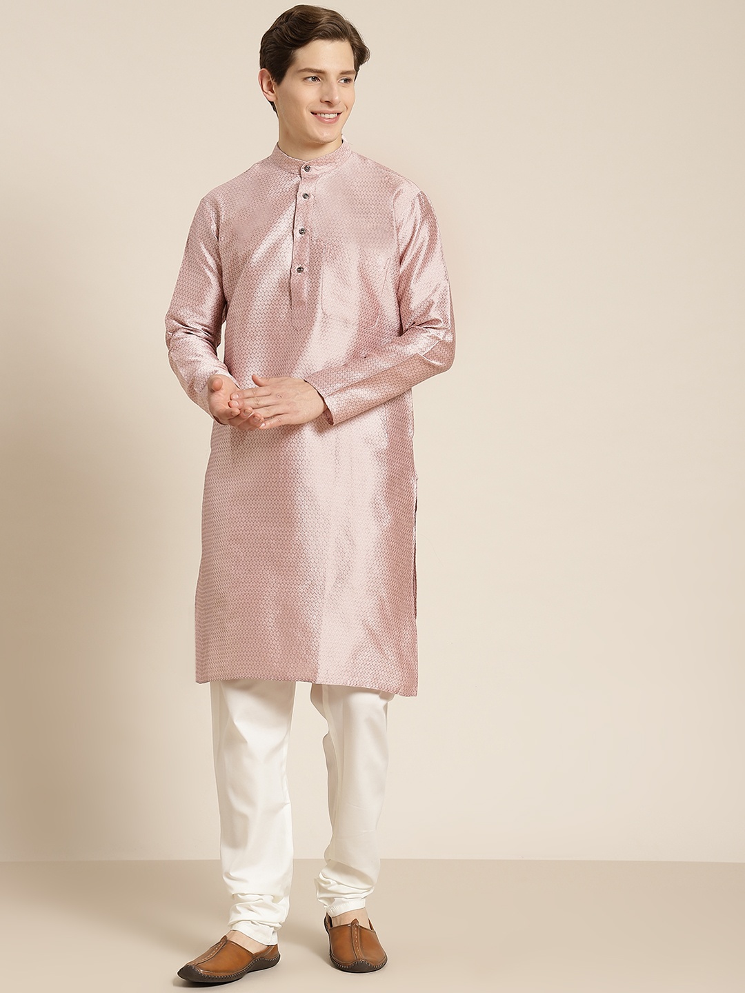 

SOJANYA Men Pink Self Design Kurta with Churidar
