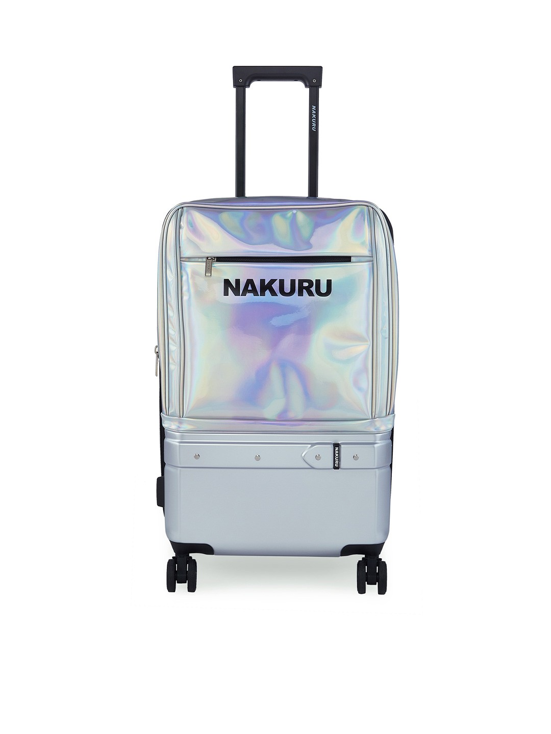 

NAKURU Silver-Coloured & Black Textured Soft Sided Medium Trolley Suitcase