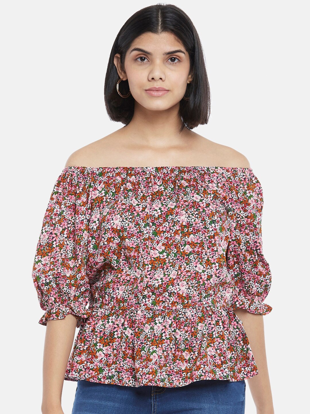 

Honey by Pantaloons Pink & Rust Brown Floral Print Off-Shoulder Bardot Top