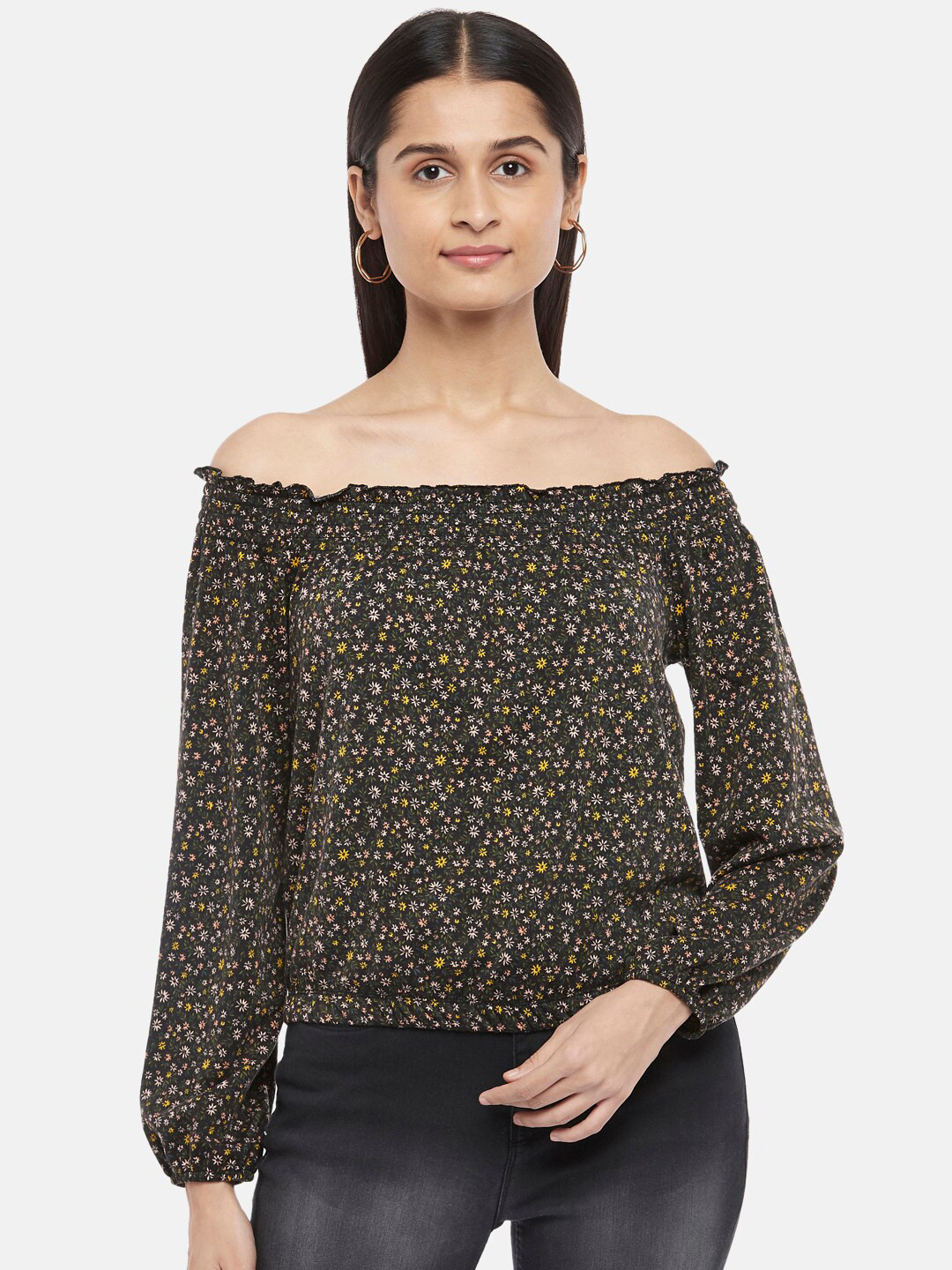 

Honey by Pantaloons Black Floral Print Off-Shoulder Bardot Top