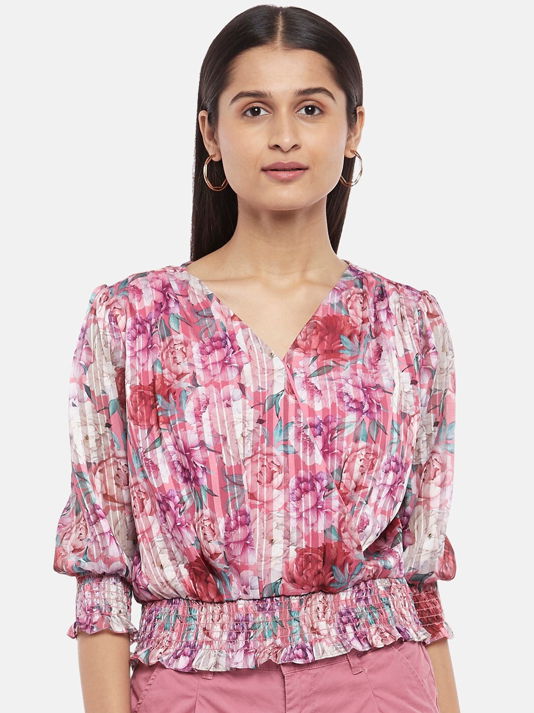 

Honey by Pantaloons Pink Floral Print Blouson Top