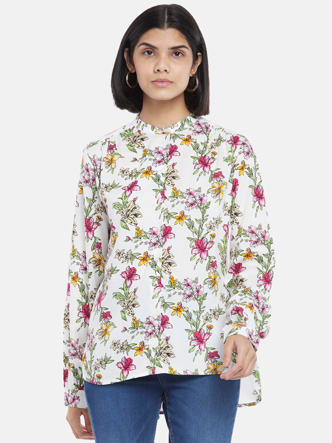 

Honey by Pantaloons Off White Floral Print Mandarin Collar Top