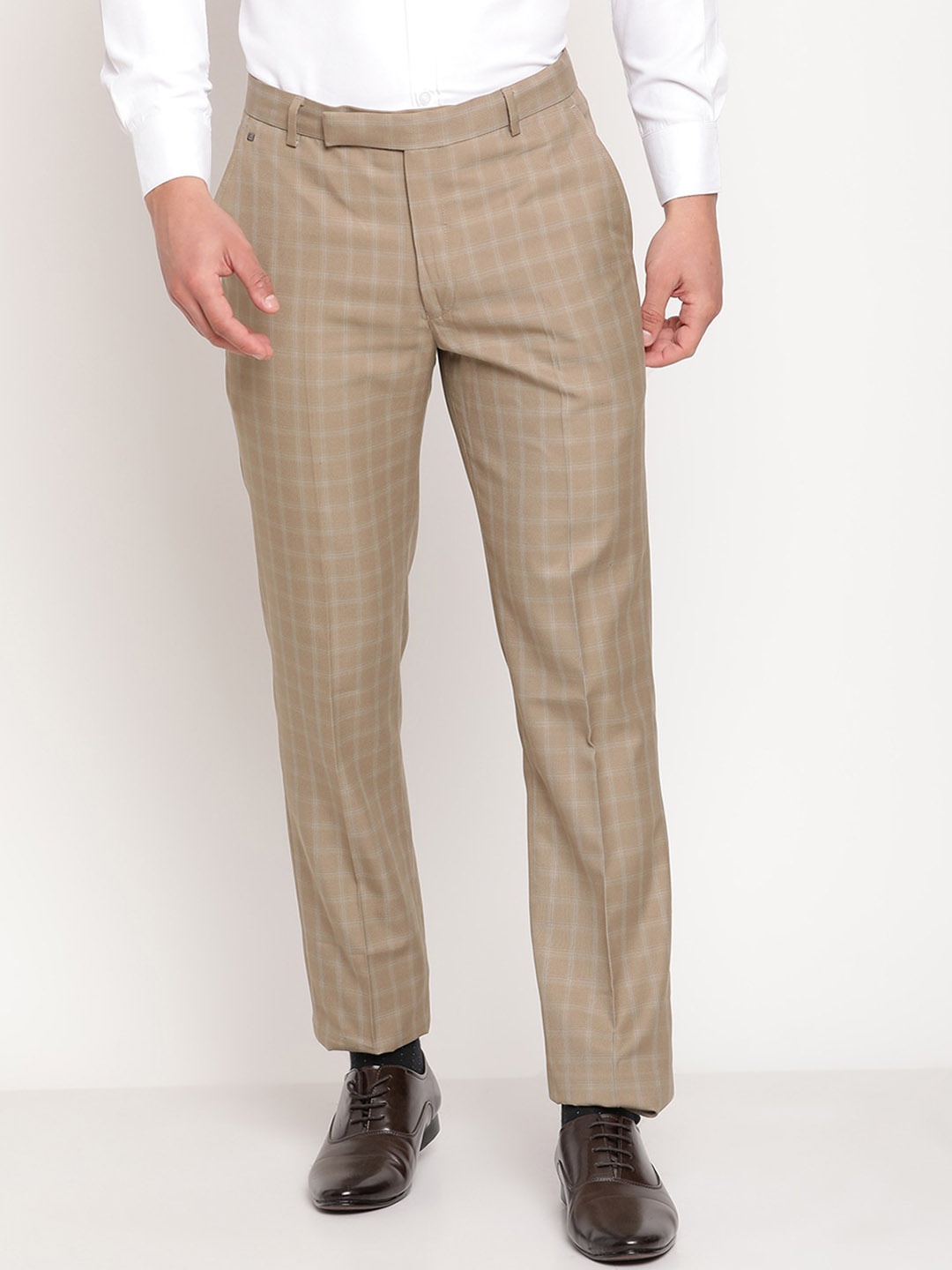 

Cantabil Men Beige Checked Classic Pleated Trousers