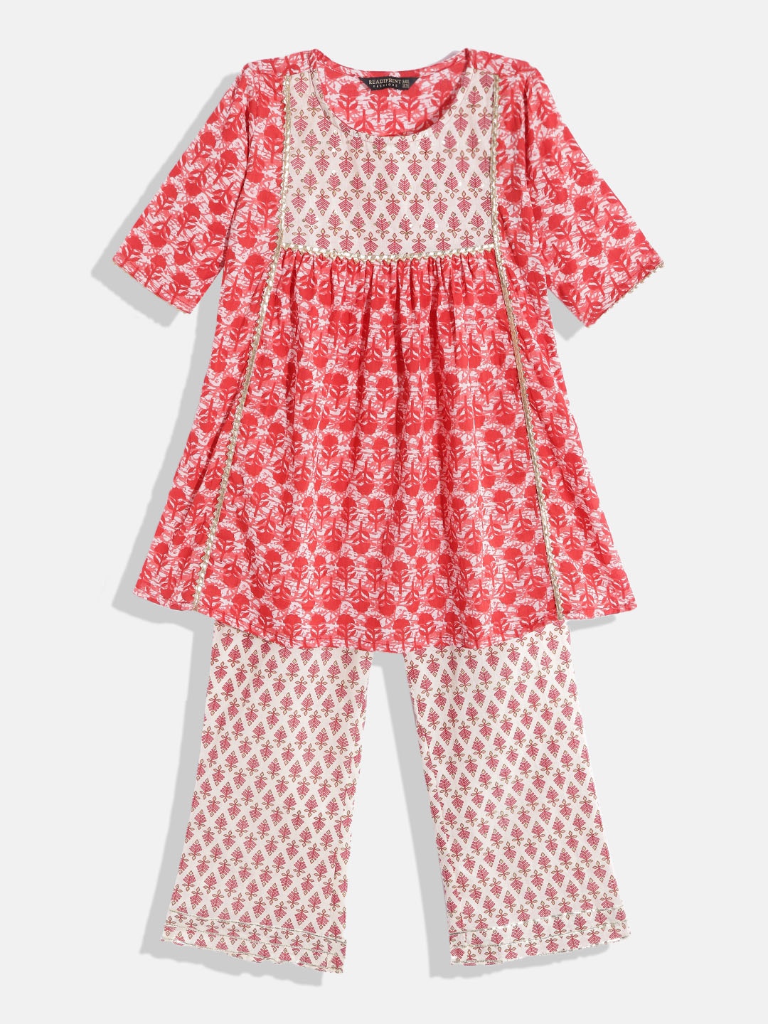 

Readiprint Fashions Girls Red Ethnic Motifs Printed Sequinned Pure Cotton Kurta with Palazzos