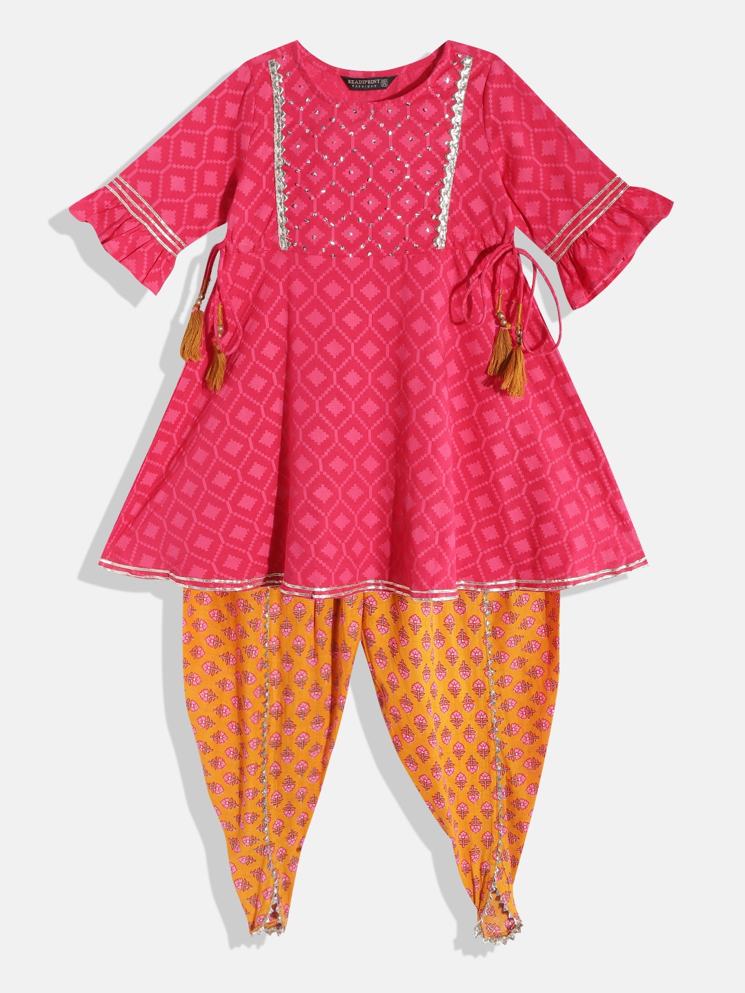 

Readiprint Fashions Girls Pink Printed Gotta Patti Pure Cotton Kurta with Dhoti Pants