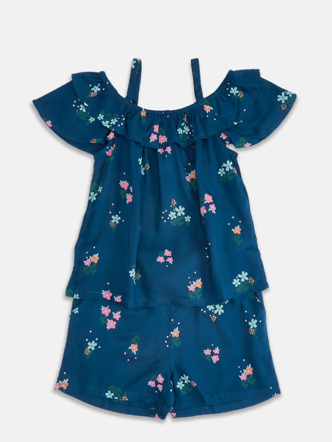 

Pantaloons Junior Navy Blue Floral Print Off-Shoulder Top