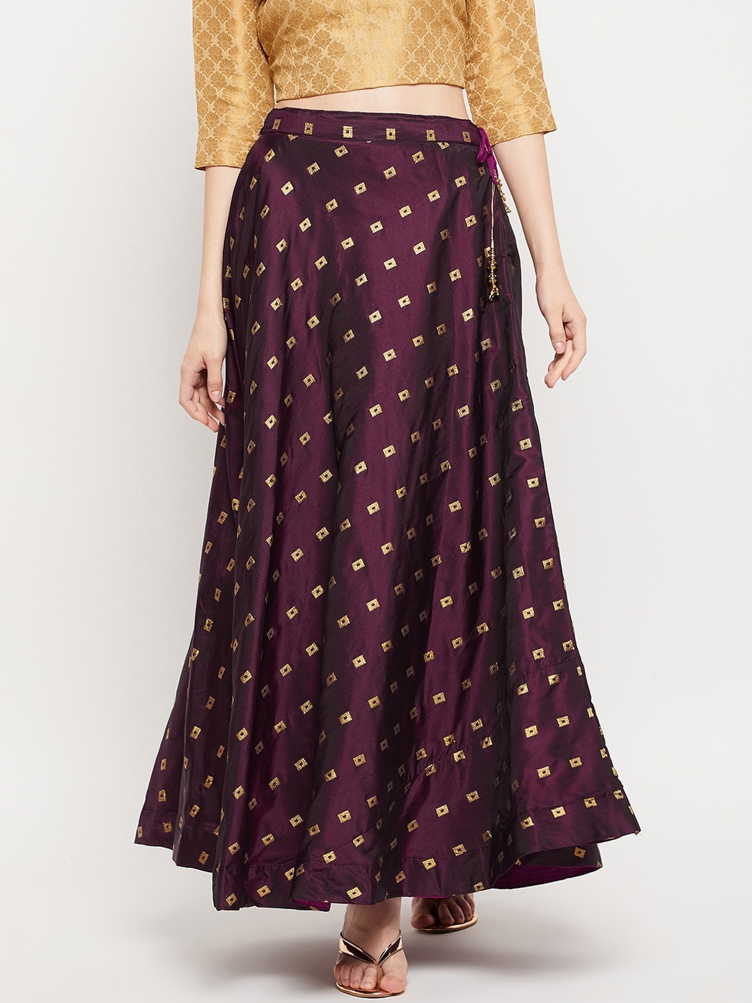 

Clora Creation Women Burgundy Printed Taffeta Flared Skirt