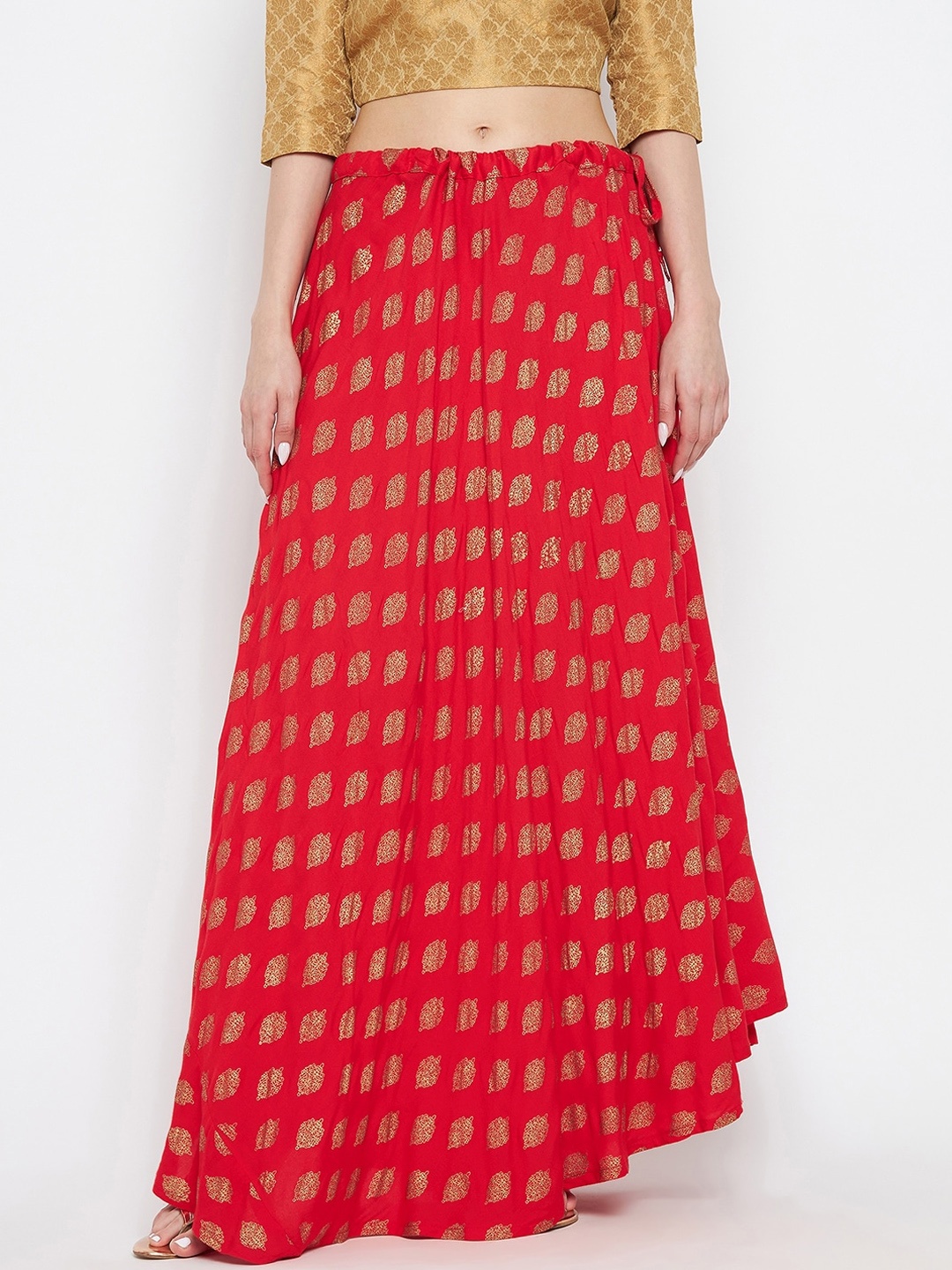 

Clora Creation Women Red & Gold-Toned Printed Flared Maxi Length Skirt