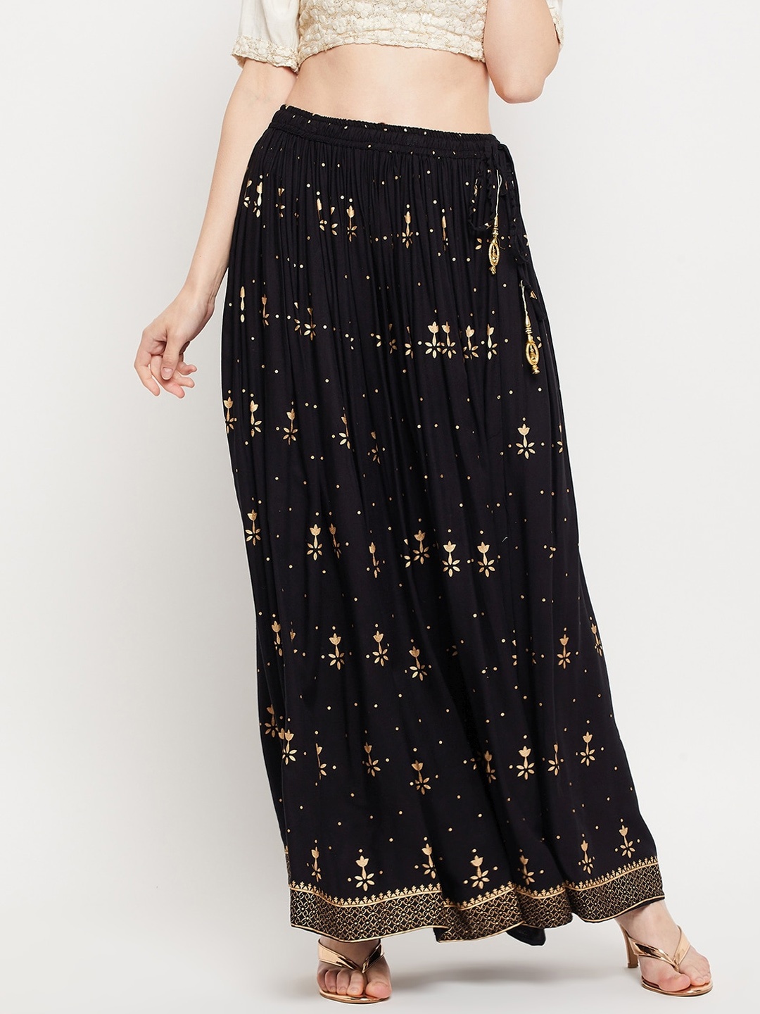 

Clora Creation Women Black Floral Printed Flared Maxi Skirts
