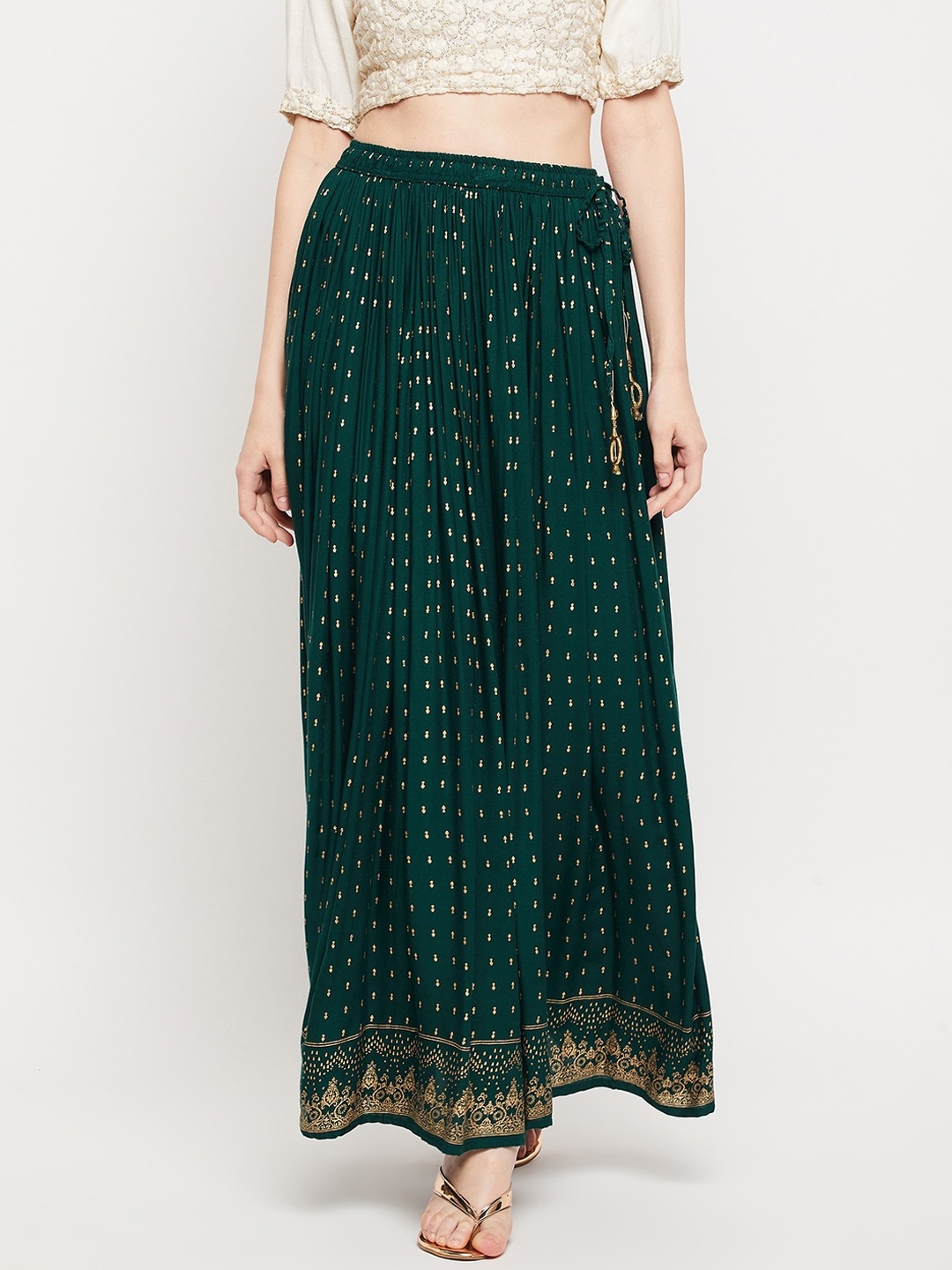 

Clora Creation Women Green & Gold-Coloured Printed Flared Maxi-Skirts