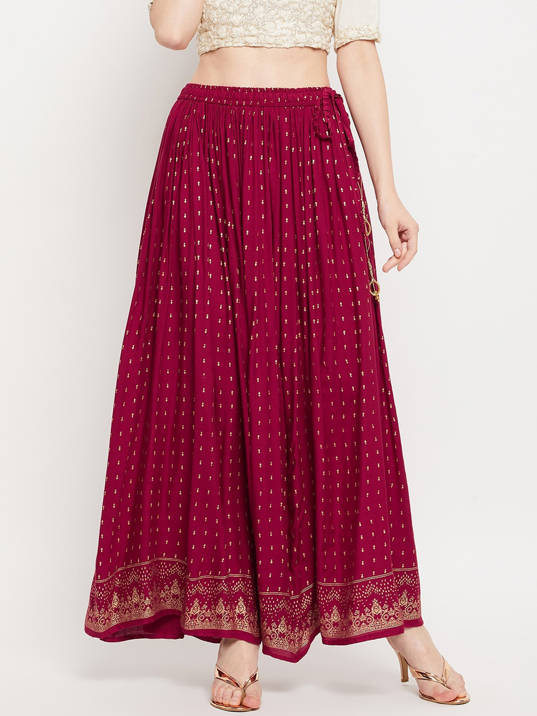 

Clora Creation Women Maroon & Gold-Coloured Printed Flared Maxi Skirt