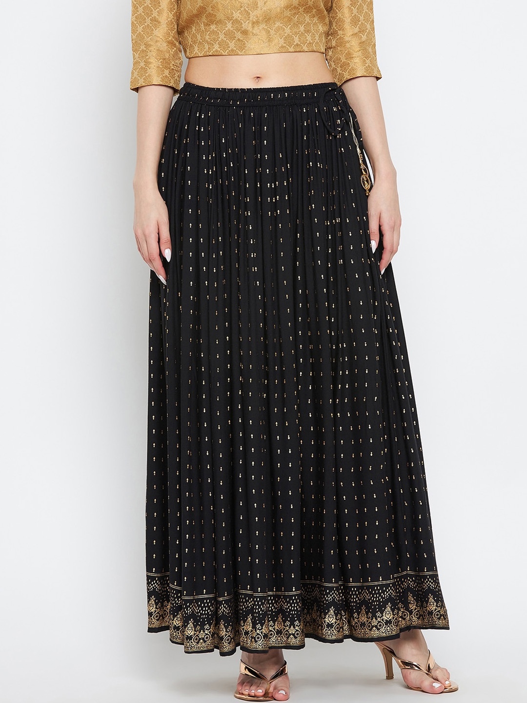 

Clora Creation Women Black & Gold-Coloured Printed Flared Skirt